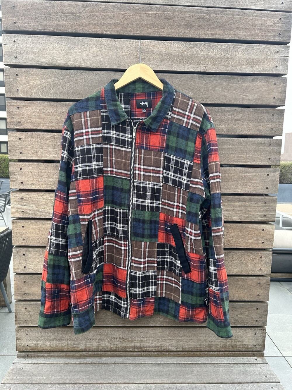 STUSSY PATCHWORK ZIP UP LS SHIRT Checkered Plaid | Size Large/ 32143